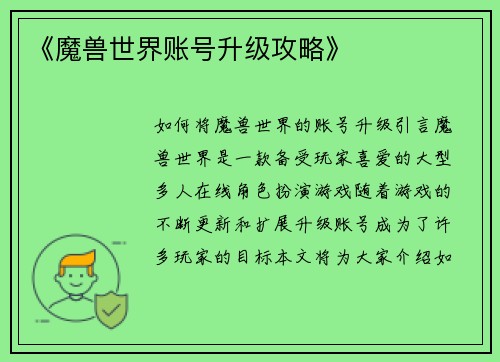 《魔兽世界账号升级攻略》