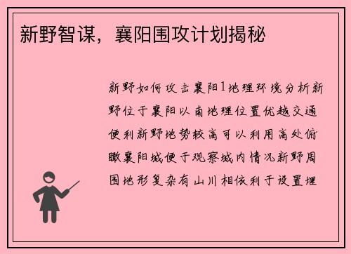 新野智谋，襄阳围攻计划揭秘